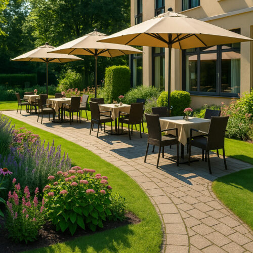Gepflegter Garten eines Hotels mit Tischen, Stühlen und Sonnenschirmen